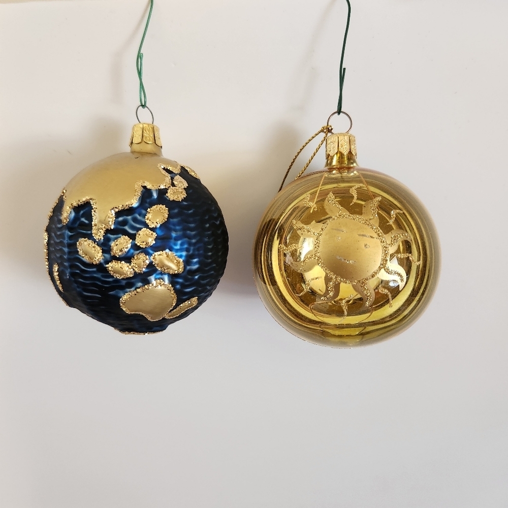 Vintage Celestial Handpainted Glass Christmas Tree Ornaments Globe Sun Moon Gold